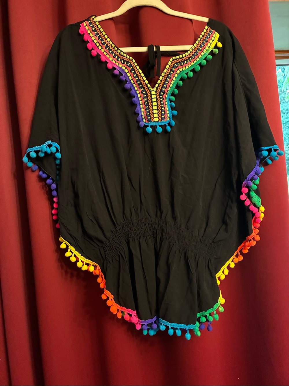 La Mode Boho Black Tunic Top Colorful Pom Pom Trim Embroidered One Size cover up